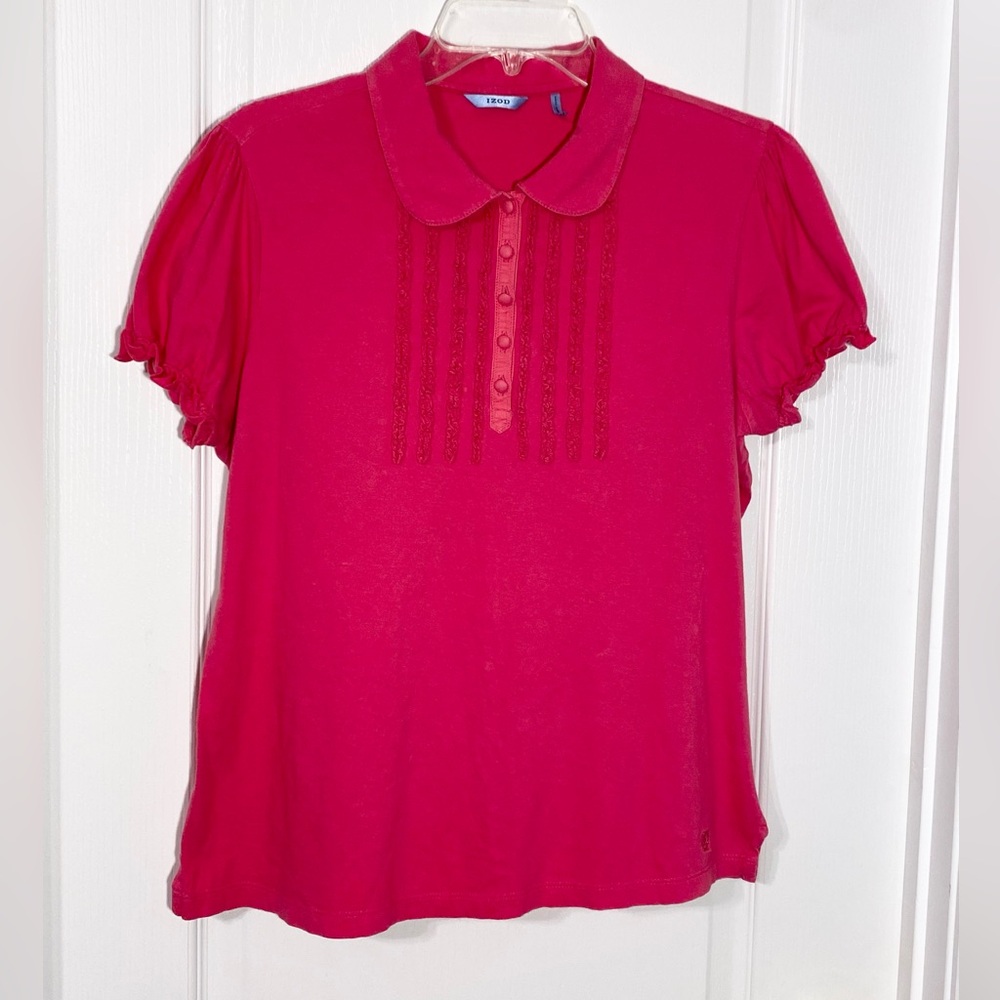 Izod Puff Sleeve Ruffle Detail Peter Pan Collar Pink Polo Large